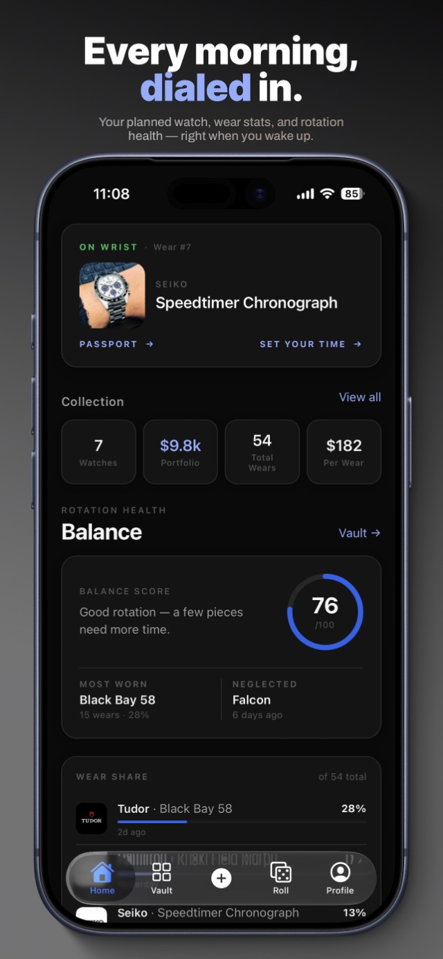 Dialed home screen — today's watch suggestion and rotation health score